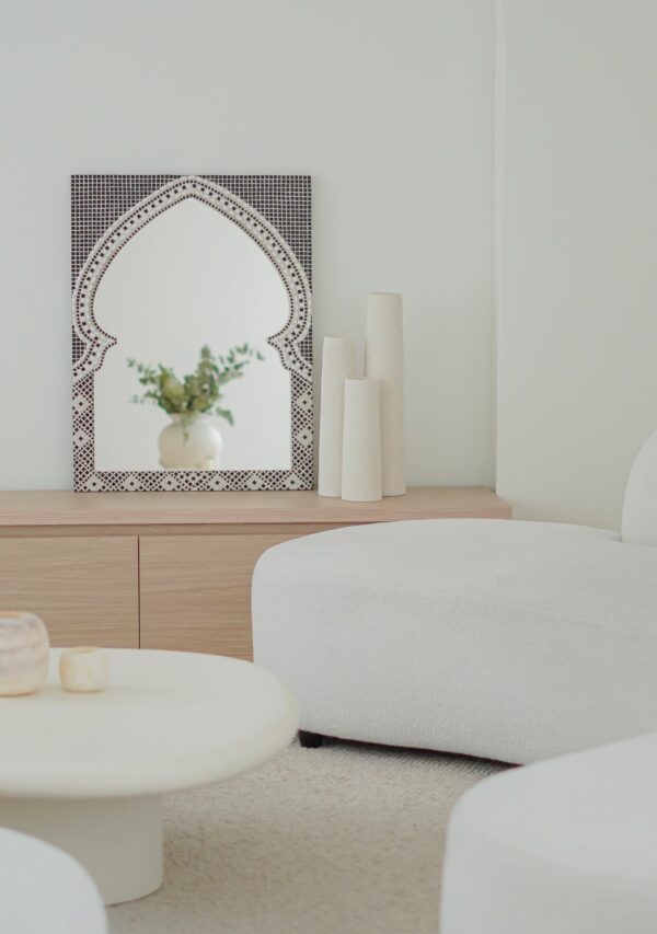 handcrafted art artist Designer handmade Luxury Unique big Mirror bow petals pure interior beige Japandi minimalistic living room Mosaic ceramic details ©PureReflection