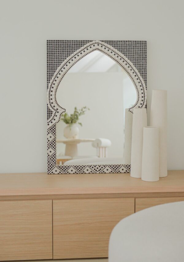 Maraya black artist Designer handmade Luxury Unique small Mirror interior beige Japandi minimalistic living room Mosaic ceramic interior interiors ©PureReflection