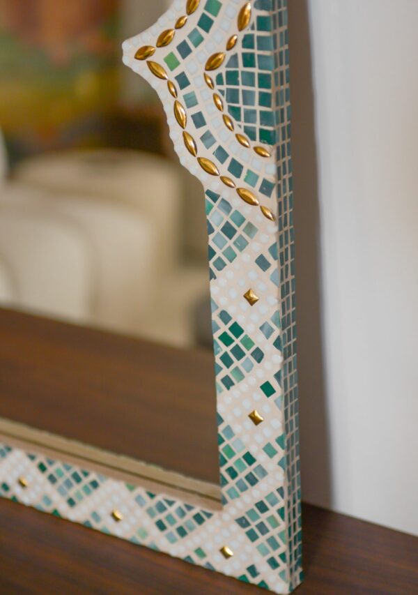 Designer Luxury Unique Mirror green oriental beige Japandi bathroom petals Mosaic unique details small ©PureReflection